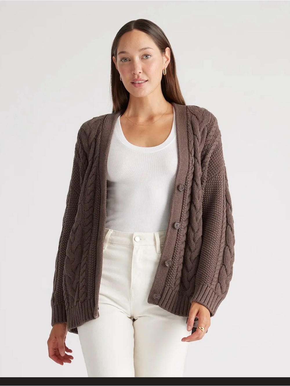 Quince - Oversized Cable Knit Button-Front Cardigan in Heather Brown size XS